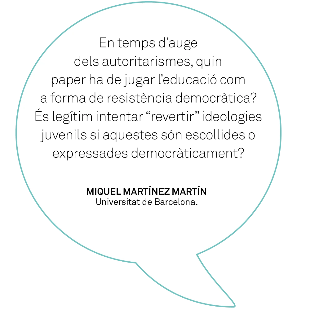 Pregunta a Miquel Martínez: en temps d'auge dels autoritarismes, quin paper ha de jugar l'educació com a forma de resistència democràtica? És legítim intentar revertir ideologies juvenils si aquestes són escollides o ex`ressades democràticament?